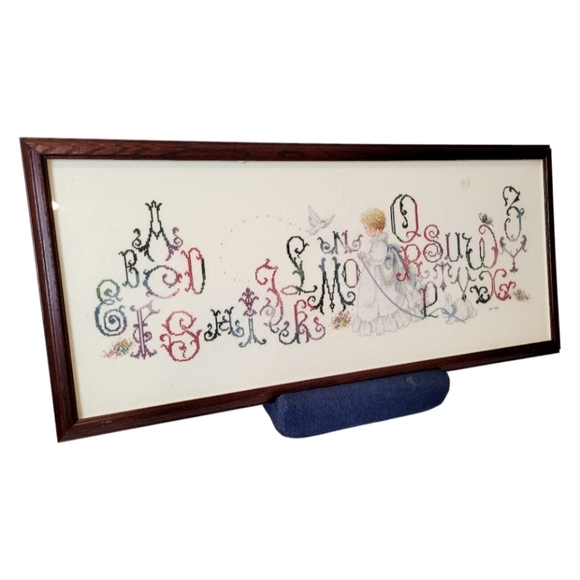 Hand Crosstitched Victorian Alphabet with Baby Girl 27.5 x 11.5 UNFRAMED - Picture 1 of 4
